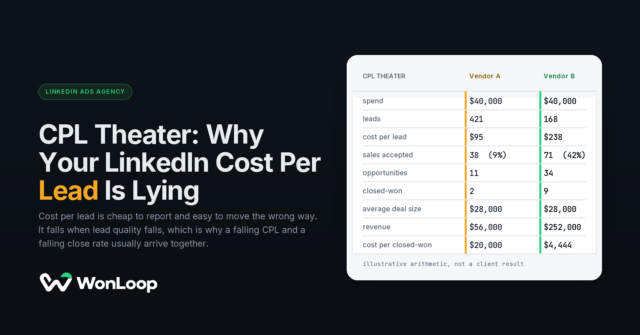 CPL Theater: Why Your LinkedIn Cost Per Lead Is Lying — a 9-row table comparing Vendor A and Vendor B on the same spend